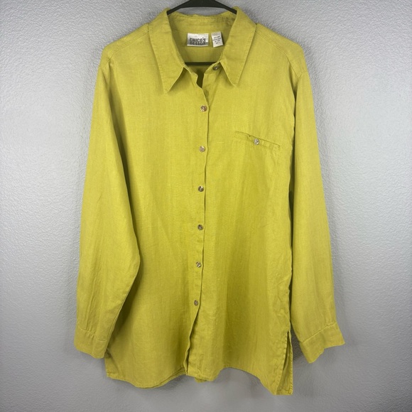 Vintage Chico’s Chartreuse Green 100% Linen Longsleeve Blouse - Picture 1 of 10